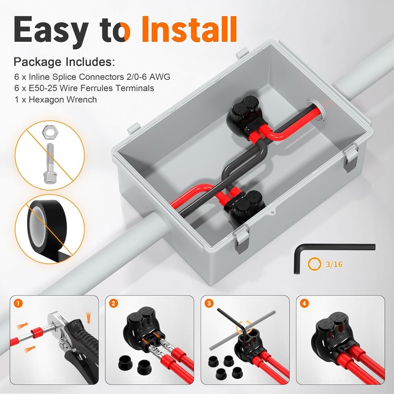 Joinfworld 2 Port Insulated Multi Tap Connector 2/0-6 Gauge Wire Connectors Aluminum to Copper Wire Connectors Single Side Entry Black Electrical Cable Connectors with Slotted Allen Hex - 6 Pack - Image 5